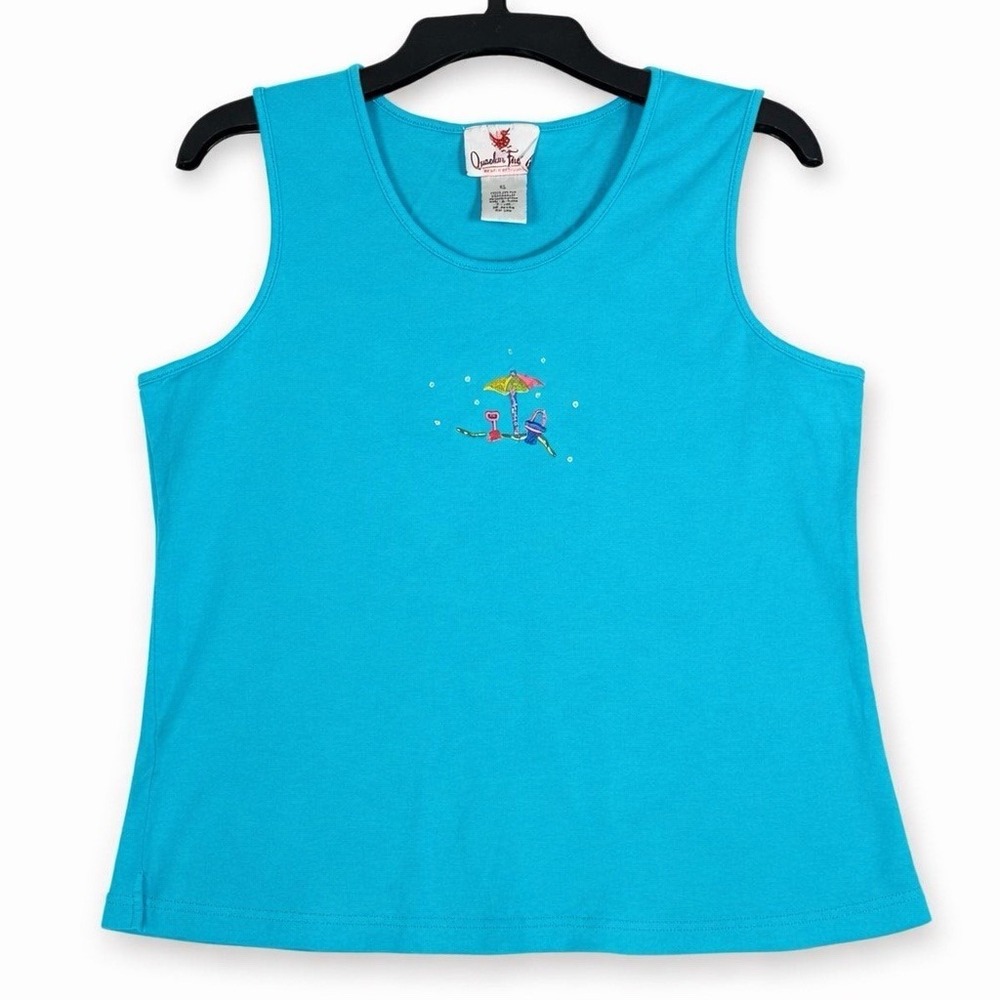Quacker Factory Aqua Blue Tank Top Size XL Beach Embroidered Sequins Summer